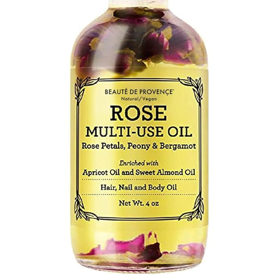 BEAUTE DE PROVENCE Multi-Use Oil for Face, Body and Hair - Organic Blend of Apricot, Vitamin E and Sweet Almond Oil Moisturizer for Dry Skin, Rose Petals, Bergamot Essential Oil - 4 Fl Oz
