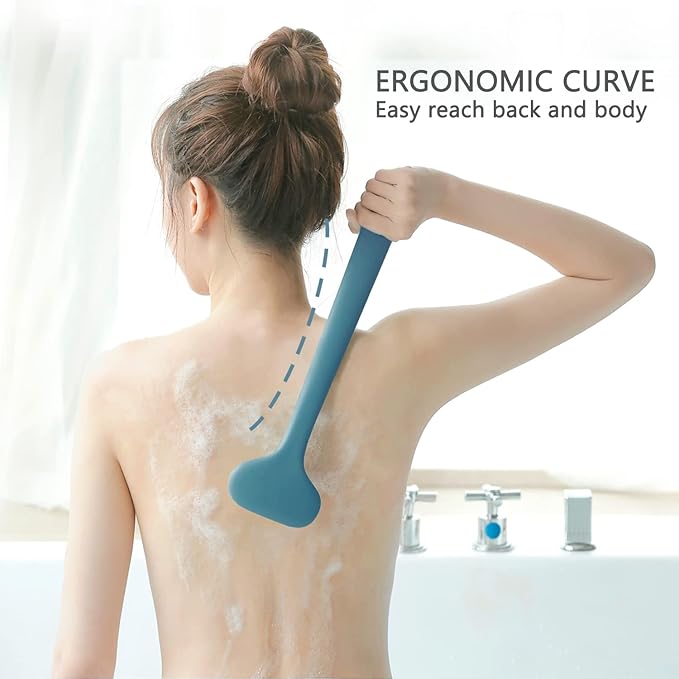 Upgraded Bath Body Brush with Comfy Bristles Long Handle Gentle Exfoliation Improve Skin's Health and Beauty Bath Shower Wet or Dry Brushing Body Brush (14 inch, Dark Blue)