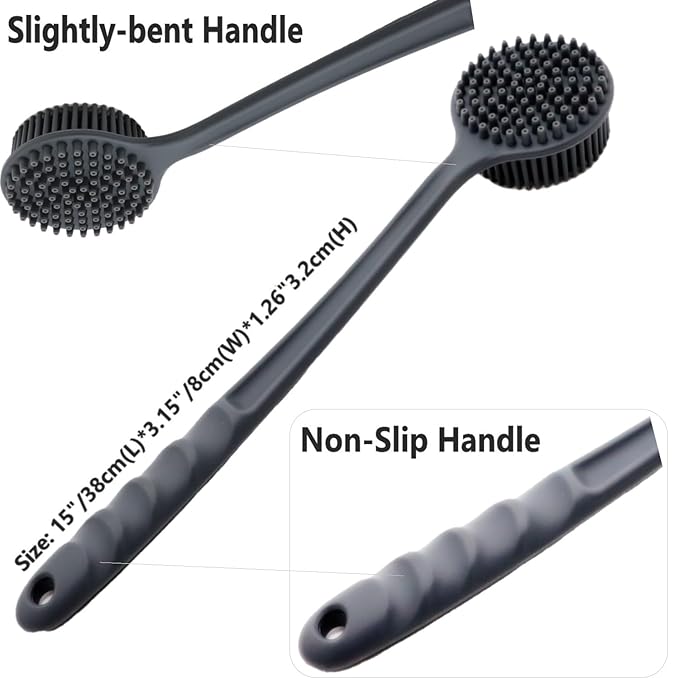 Silicone Body Scrubber With Long Handle for Shower - Exfoliating Back Brush for Men, Women & Kids - Soft Bath Scrubber With Free Hook