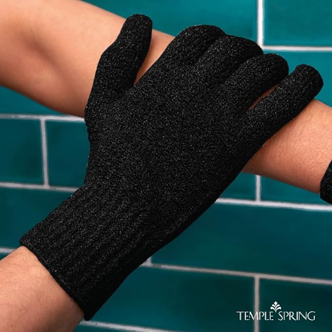 Temple Spring Exfoliating Glove, Rayon Bamboo Exfoliating Body Scrubber, Loofah Washcloth, Exfoliate Loofa Shower Scrubber, Body Exfoliator Scrub, Shower Loofah Bath Sponge - Black XL
