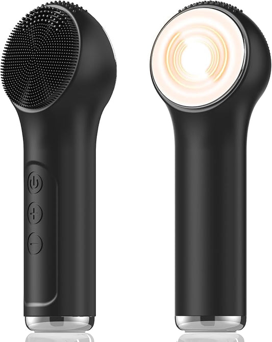 Silicone Facial Cleansing Brush, Portable Electric Face Scrubber with Heat and Vibration, 3 Modes Adjustable, Waterproof IPX6, USB-C Rechargeable, Deep Cleansing, Exfoliating and Massage（Black）