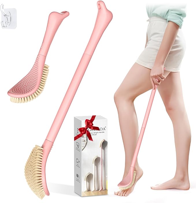 New Foot Brush with Extra-Long Handle, 3-in-1 Foot Scrubber for Wet or Dry Brushing, Adjustable 10.2’’- 27.5’’Foot Scrub Brush for Senior, Pregnant, Disabled, or Injured, Gift-Box Packed(Pink)