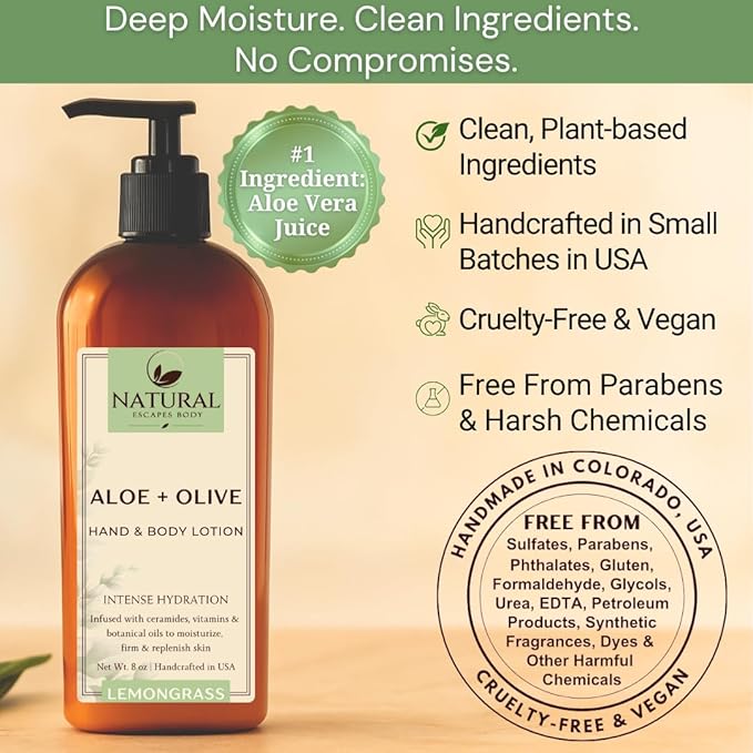 Moisturizing & Firming Lemongrass Body Lotion & Hand Cream - Natural Moisturizer for Dry Skin, Itchy or Crepey Skin - Eczema Treatment - Olive Oil, Coconut Oil & Avocado Oil - 8oz