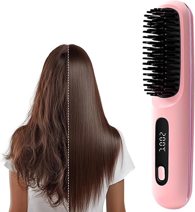 Go Brush Pro, 2026 Upgraded Go Brush Pro, Portable Straightener Brushs for Travel, with LCD Temperature Display, Fast Heating Cordless Mini Hair Brushs, Portable Hair Straightener (Pink)