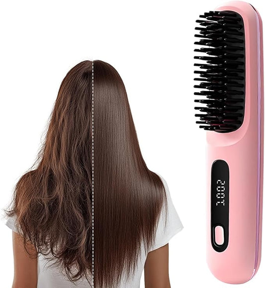Go Brush Pro, 2026 Upgraded Go Brush Pro, Portable Straightener Brushs for Travel, with LCD Temperature Display, Fast Heating Cordless Mini Hair Brushs, Portable Hair Straightener (Pink)