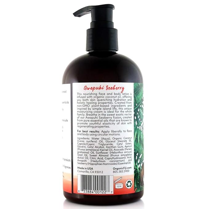Coco Fiji Face & Body Lotion Infused With Coconut Oil | Lotion for Dry Skin | Moisturizer Face Cream & Massage Lotion for Women & Men | Awapuhi Seaberry 12 oz, Pack of 1