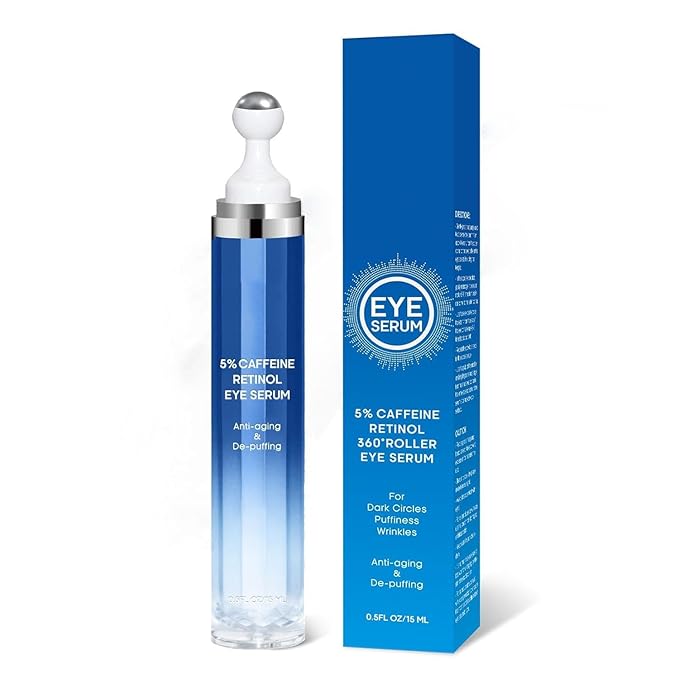 5% Caffeine & Retinol Eye Cream for Dark Circles, Puffiness & Wrinkles - Anti Aging Under Eye Serum with 360° Roller Ball - Men & Women Dark Circle Treatment