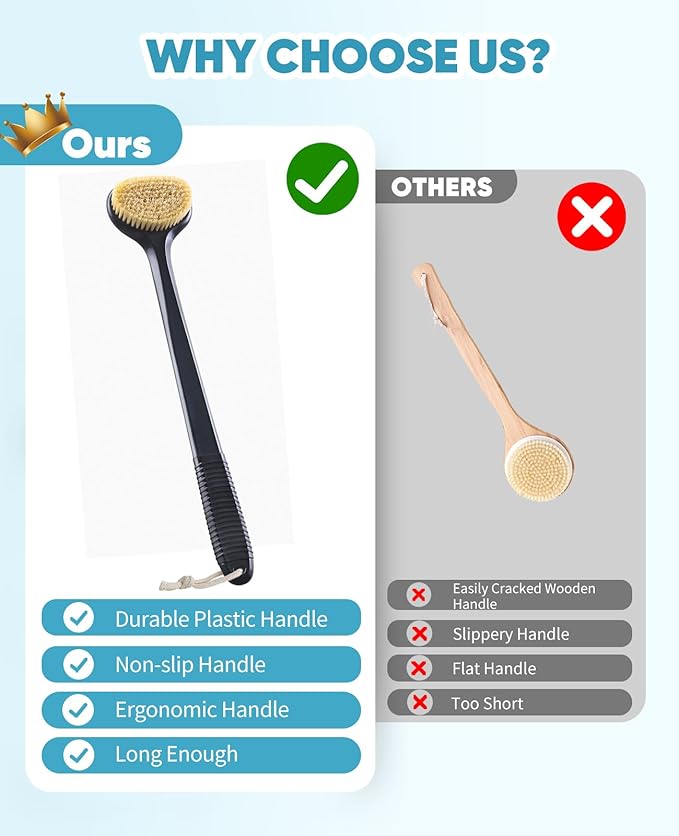 Back Scrubber for Shower with 17" Long Handle, Non-Slip Grip Dry Brushing Body Brush, Natural Boar Bristles Shower Brush for Lymphatic Drainage, Back Brush for Shower Men & Women – Boar Bristles