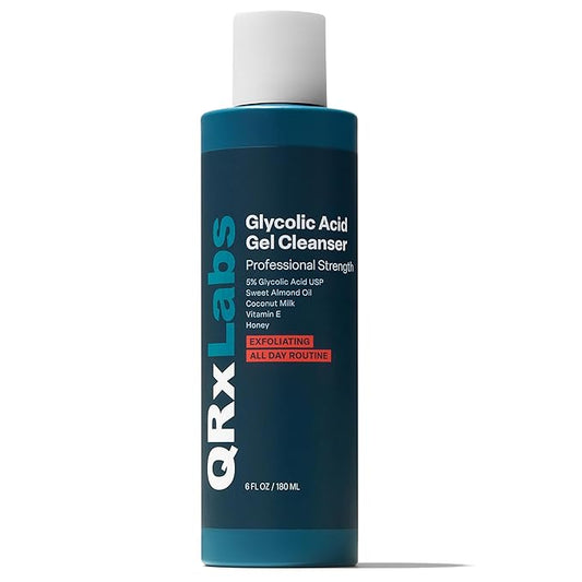 QRxLabs Glycolic Acid Face Wash Gel Cleanser - Ingrown Hair Relief & Dark Spot Correction Facial Exfoliator - Oil Control Cleanser - Unscented, 6 Fl Oz