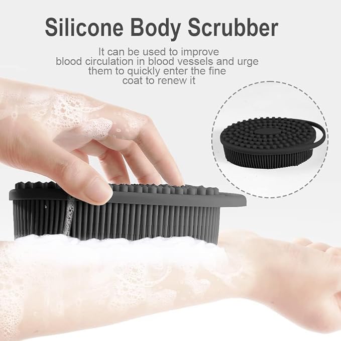 Soft Silicone Body Scrubber 2 PCS Silicone Body Shower, Silicone Loofah 2 in 1 Bath and Shampoo Brush, Body Scrubber Shower Cleaning Exfoliating Use for Sensitive Skin, Lather Well(Black and Green)