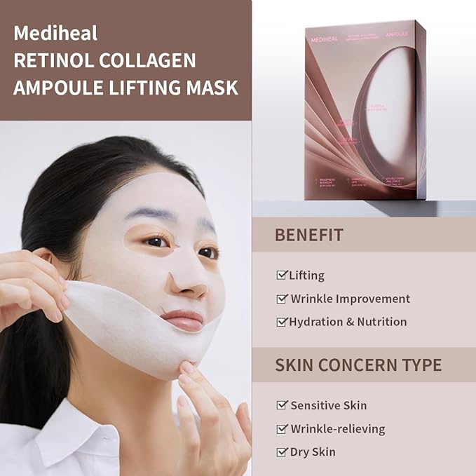 Mediheal Retinol Collagen Ampoule Lifting Mask (4 Counts) for V Line Mask Anti-Aging - Helps Reduce Fine Lines & Wrinkles, and Smoothens Skin