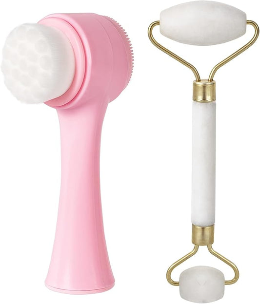 Face Brush 2 in 1, Silicone Facial Cleansing Exfoliating Brush Soft Bristles Pore Deep Cleansing, Jade Face Roller Skin Care Tools, Manual Dual Face Wash Scrub Brush Massaging Gift,Pink+White