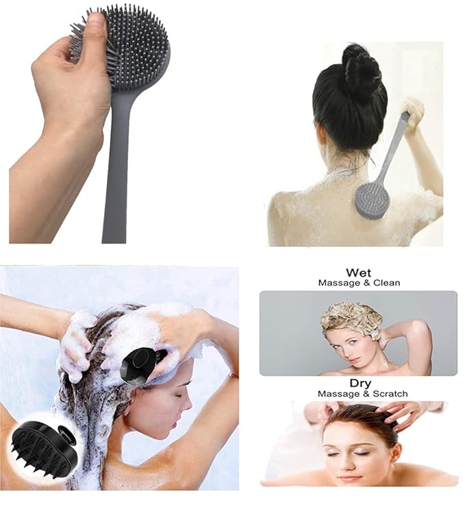 Silicone Body Scrubber & Scalp Massager, Long Handle Back Scrubber for Shower, Exfoliating Brush, Hair Dandruff Shampoo Brush for Men, Women & Kids