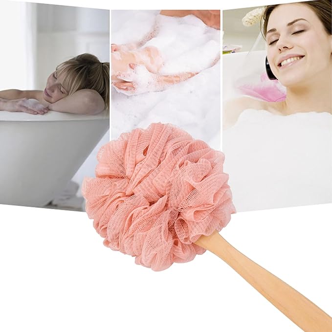 Loofah Back Scrubber for Shower, Wooden Long Handle Bath Sponge Lufa Shower Brush, Soft Nylon Mesh Back Cleaner Washer, Women & Men Exfoliating Luffa Pouf on a Stick for Body (Pink)