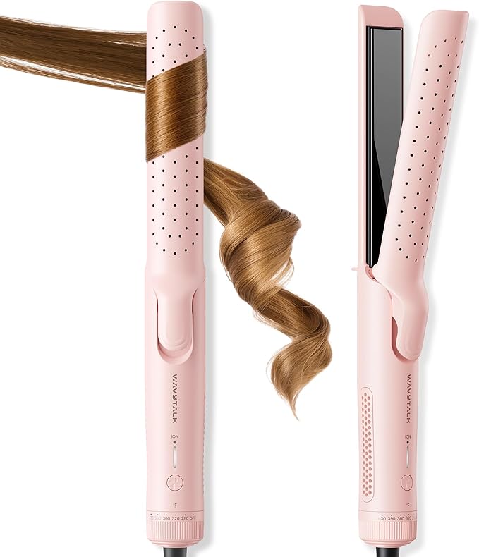 Wavytalk Airflow Styler Curling Iron, Cool Curl, 360° Cool Air Lock in Style for Lasting Curls, Reduces Damage, 2 in 1 Hair Straightener and Curler, 1.25 Inch Anti-Scald for Short Long Hair, Pink