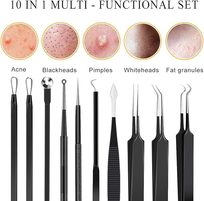 10pcs Pimple Popper Tool Kit Stainless Steel Blackhead Remover Tool Comedones Extractor for Forehead Facial Nose Lightweight Acne Needle Tool with Metal Case for Travel Home Use