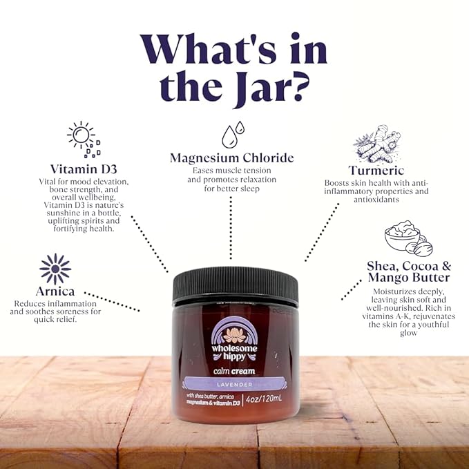 WHOLESOME HIPPY Calm Body Cream with Magnesium, Arnica & Vitamin D3 – Lavender Scented – Nourishing Botanical Moisturizer with Shea, Turmeric & Aloe – 4oz