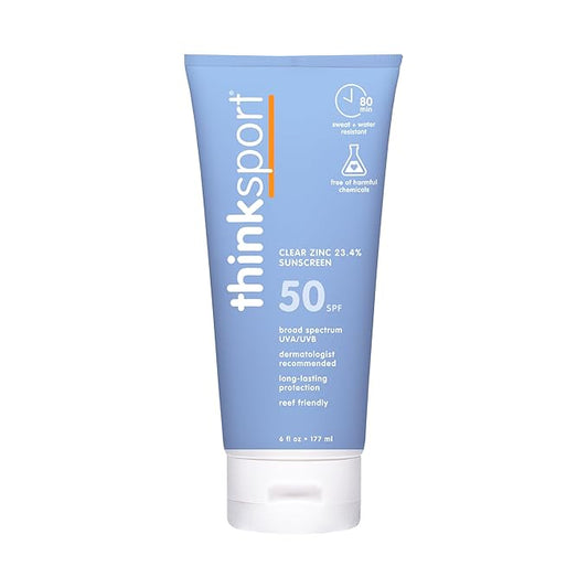 Thinksport SPF 50+ Mineral Sunscreen with Clear Zinc Oxide, 6 Fl Oz – Safe, Natural, Water Resistant, Broad Spectrum UVA/UVB Sun Screen for Sun Protection – Vegan, Reef Safe Sunscreen