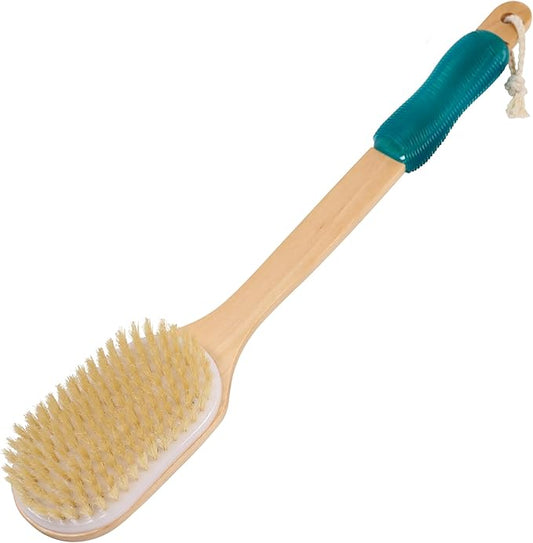OWIIZI Back Scrubber for Shower Large Surface Body Scrub Brush Stiff Boar Bristles Wooden Curved Long Handle Antiskid Bath Brush for Wet or Dry Brushing