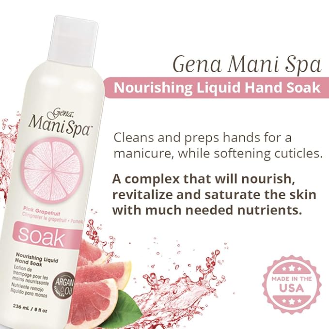 Gena Mani Spa Liquid Hand Soak | Softens, Moisturizes Hands, Nails, and Cuticles For Great Manicure Pre Treatment | Made in the USA |Grapefruit Scent |8 Oz
