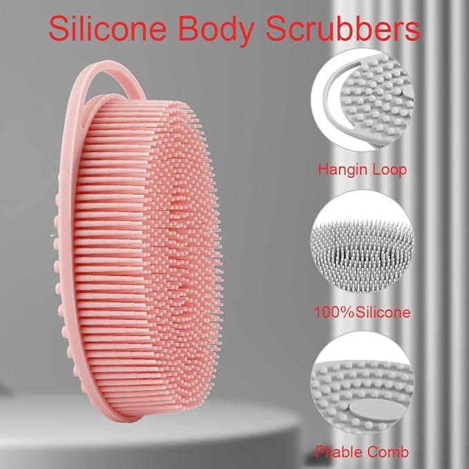 Silicone Body Scrubber, Exfoliating Silicone Loofah, Soft Silicone Body Shower, 2 in 1 Bath and Shampoo Brush, Body Scrubber Shower Cleaning for Sensitive Skin, Lather Well 2 PCS Grey and Pink