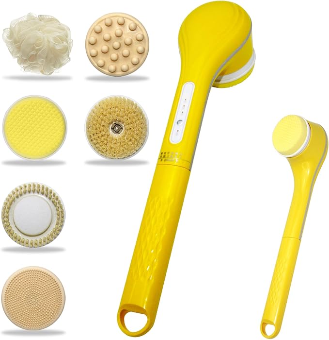 Generic Electric Body Brush Set for Showering,Exfoliating Bath Brush Long Handle for Shower Lotion Applicator for Back Silicone Body Scrubber with 6 Shower Brush Heads for Women Men Gifts (Yellow)