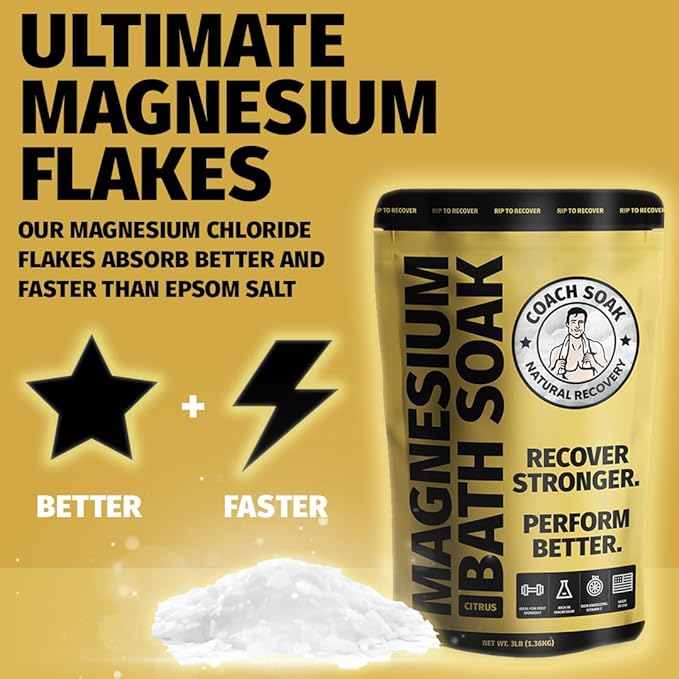 Coach Soak Recovery Bath Soak - Alternative to Epsom Salt Bath Soak - Fast-Absorbing Pure Magnesium Flakes with 21 Minerals, Bath Salts & Essential Oils - 9 lb (Pack of 3)