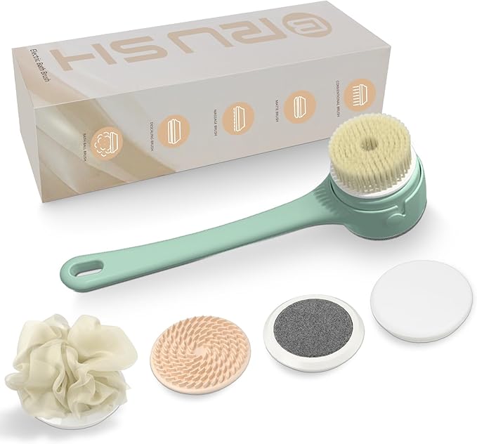Electric Body Brush Back Scrubber, Waterproof Long-Handle 5-Head Electric Body Scrubber, Rechargeable Bath Brush and 3 Types of Speed Body scrubbe，for Cleaning Massaging and exfoliating (Green)