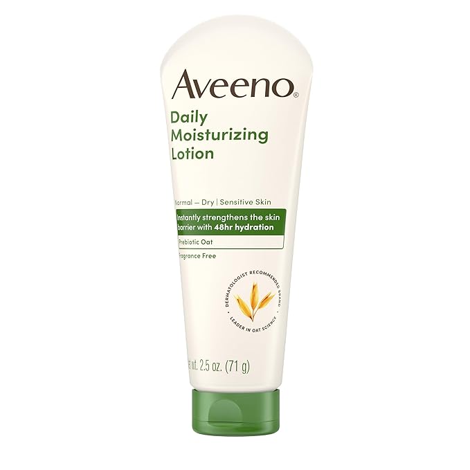 Aveeno Daily Moisturizing Body Lotion with Soothing Prebiotic Oat, Gentle Lotion Nourishes Dry Skin With Moisture, Paraben-, Dye- & Fragrance-Free, Non-Greasy & Non-Comedogenic, 2.5 fl. Oz