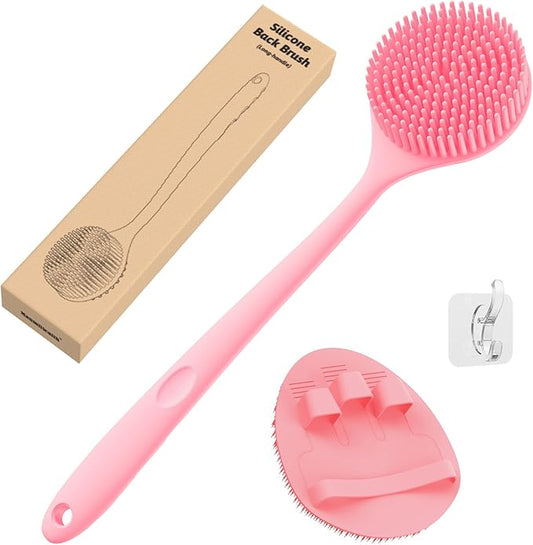 Manmihealth Silicone Back Scrubber(Thick Bristles) & Soft Bath Glove Set, Super-Exfoliating Body Scrubber & Super-Lathering Shower Brush Combination, with a Free Hook.(Pink)