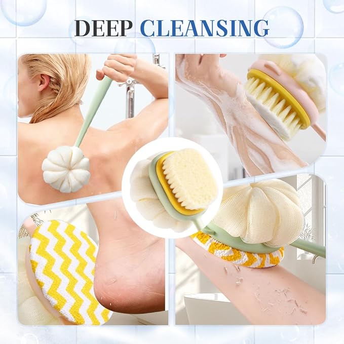 2-in-1 Bath Scrubber Back Brush,2025 New Shower Body Brush with Bristles and Loofah,Double-Sided Bath Back Scrubber with Long Handle for Women, Men, The Elderly (Pink B+Green A)