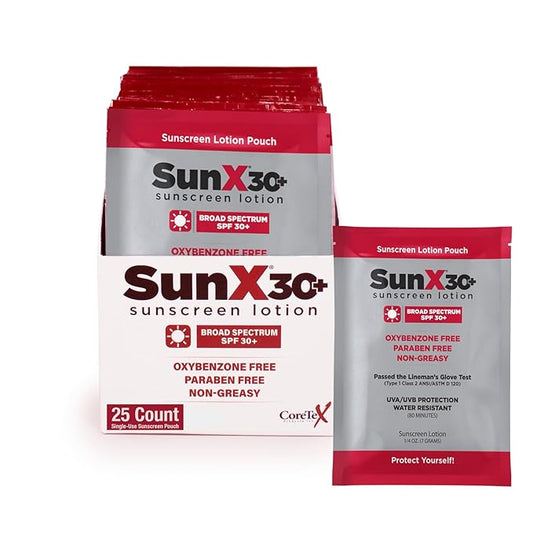 CoreTex Sun X 30+ SPF Individual Sunscreen Packets Travel Size - Pack of 25 Paraben, Oxybenzone, & Oil Free Broad Spectrum Sunscreen - No White Cast and Water Resistant Up to 80 Minutes