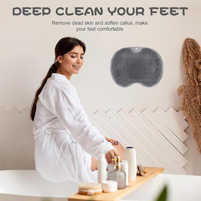 Shower Foot & Back Scrubber, Massage Pad with Suction Cups & Pumice Stone, Multi-Surface Silicone Bath Mat for Exfoliating and Massaging in Shower or Bathtub, 9.8x11.8 Inch (Gray)