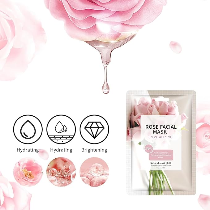 Face Masks Skincare for All Skin Types, Pink Rose Hydrating Face Sheet Masks Suitable for Sensitive Skin, Moisturizing Facial Mask for Women Skin Care, Face Mask Gifts for Face Spa 10 Sheets