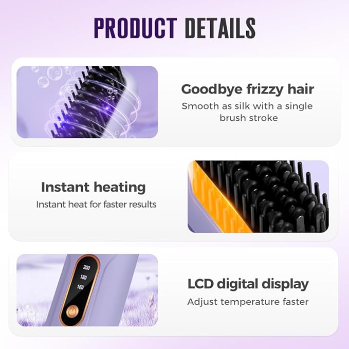 Go Brush Pro, 2026 New Hair Straightener Brush, Portable Straightener Brushes for Travel with LCD Temperature Display, Fast Heating Mini Hair Brush for Women (Purple)