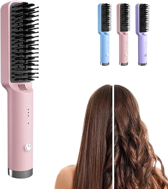 Cordless Hair Straightener Brush, Portable Mini Hair Straightening Comb with 3 Temperature Options, Fast Heating Travel Hair Straightener for Women (Pink)