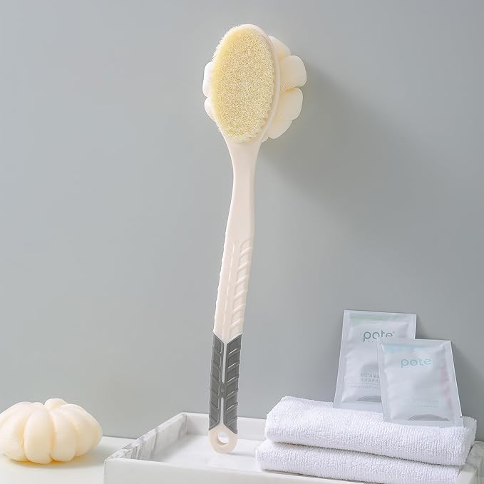 Shower Body Brush with Bristles and Large Pumpkin Loofah,Back Scrubber Bath Mesh Sponge with Anti-Slip Curved Long Handle for Skin Exfoliating,Massage Bristles for Wet or Dry,Men Women (White)