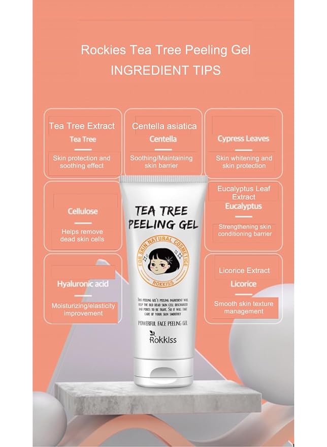 ROKKISS Tea Tree Peeling Gel (4.1fl oz) - Gentle Exfoliating Gel for Face & Body with Natural Cellulose, Remove Impurities for Smooth Skin, Korean Skin Care. Cica, Licorice & Aloe Vera Extracts.