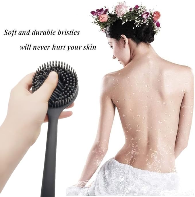 Silicone Body Scrubber With Long Handle for Shower - Exfoliating Back Brush for Men, Women & Kids - Soft Bath Scrubber With Free Hook