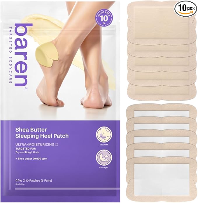 Baren Shea Butter Heel Repair Patch for Cracked Dry Heels (10pcs), Overnight Foot Moisturizer Mask, Hydrating & Breathable