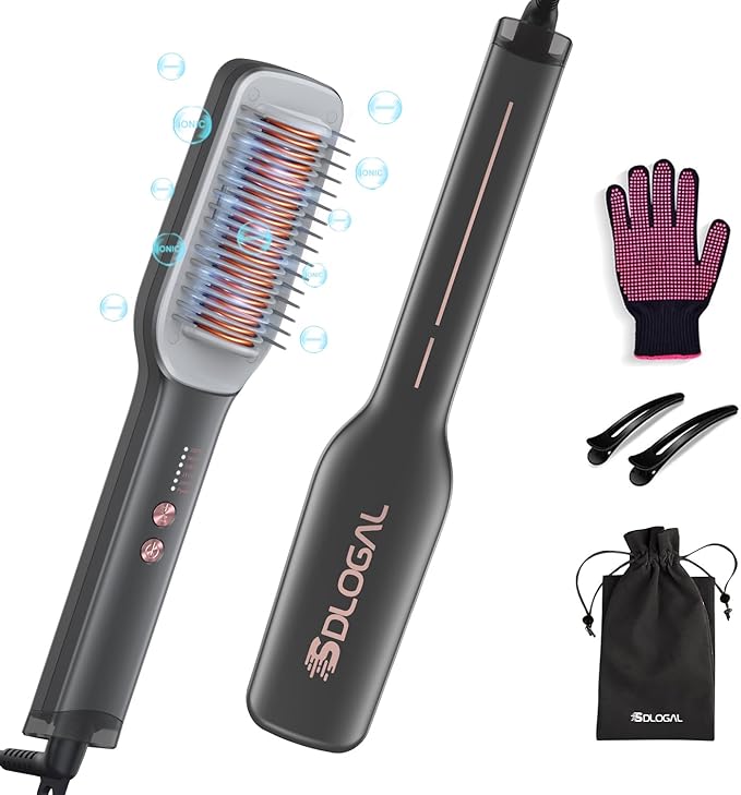 sdlogal Hair Straightener Brush – Hair Straightening Iron with Built-in Comb, 20s Fast Heating & 5 Temp Settings & Anti-Scald, Perfect for Professional Salon at Home (Black - Matte)