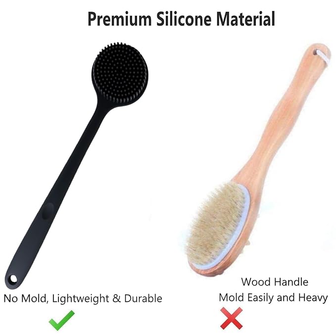 Silicone Body Scrubber With Long Handle for Shower - Exfoliating Back Brush for Men, Women & Kids - Soft Bath Scrubber With Free Hook