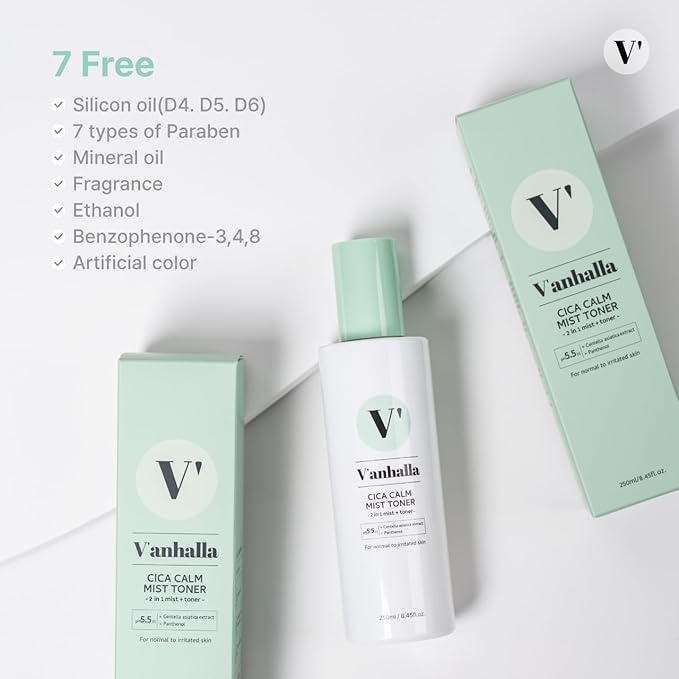 V’anhalla Cica Calm Mist Toner 8.45fl.oz | Vegan, pH5.5, Calming, Refreshing, Hydrating, Gentle exfoliating, pH balancing. Facial Mist Toner with Centella asiatica extract 6%, Panthenol 1%