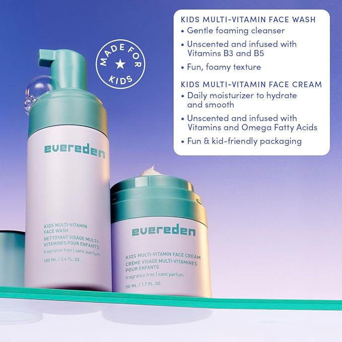Evereden Fragrance-Free Kids Happy Face Duo - Unscented Multi-Vitamin Face Wash & Face Cream Set - Clean & Vegan Skin Care for Kids 3+ - Moisturizing, Nourishing, & Protective Skin Care Set