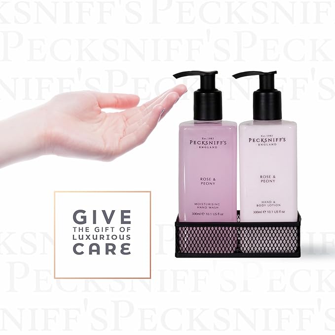 Pecksniffs Moisturizing Hand Wash and Hand & Body Lotion Caddy Set - Rose & Peony in a Black Mesh Caddy, 300 ml/10.14 fl oz