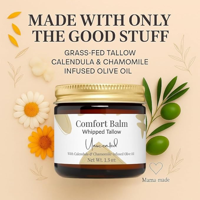 Whipped Tallow Balm – 100% Grass Fed Beef Tallow for Baby, Eczema & Sensitive Skin; Double-Infused with Calendula & Chamomile Herbs (Unscented Herb-Infused)
