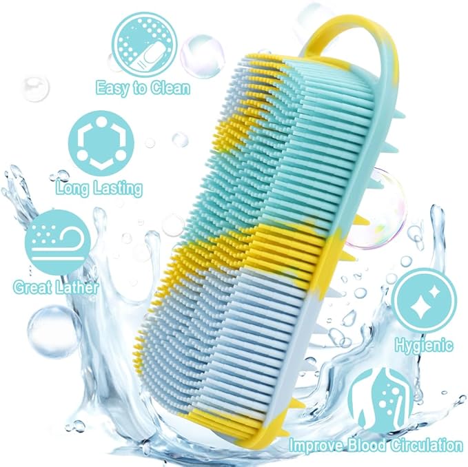 Silicone Body Scrubber, 2 in 1 Soft Silicone Loofah 2 Pack Exfoliating Body Scrubber Loofah for Women Men,Body Scrubber Shower Bath Shampoo Brush with Loop for Sensitive Skin Lather Well,Purple&Yellow