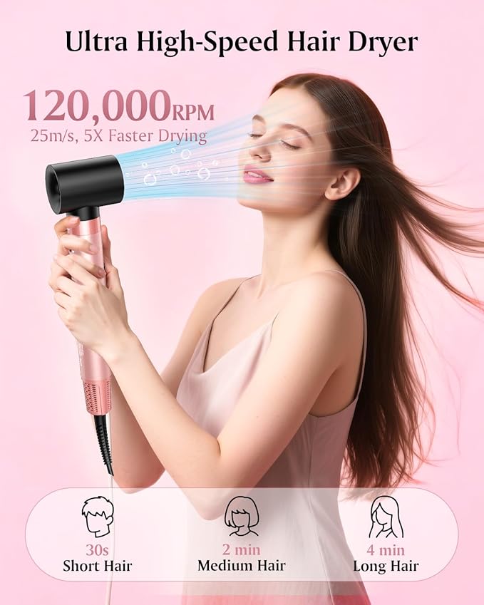 Brightup Dual Voltage Air Wrap Hair Styler - 5 in 1 High Speed Hot Air Styler 1400W Blow Dryer Brush, Negative Ions, Cool Shot Button, Curler, Volumizer, Straighter, No Heat Damage, with Travel Bag