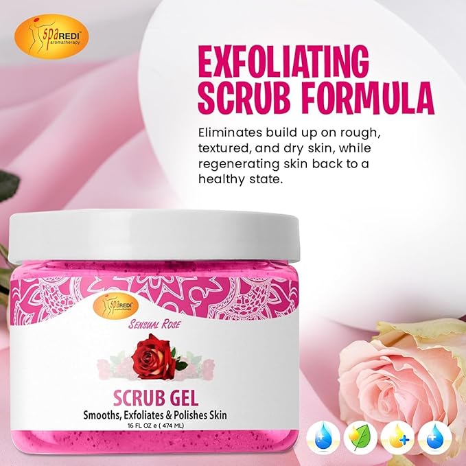 SPA REDI – Exfoliating Scrub Pumice Gel, Sensual Rose, 16 oz - Manicure, Pedicure and Body Exfoliator Infused with Hyaluronic Acid, Amino Acids, Panthenol and Comfrey Extract