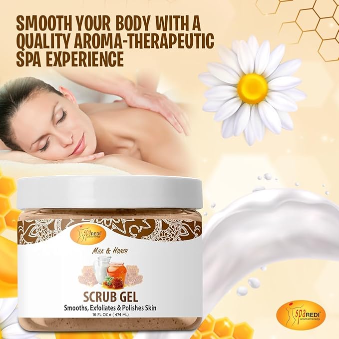 SPA REDI – Exfoliating Scrub Pumice Gel, Milk and Honey, 16 Oz - Manicure, Pedicure and Body Exfoliator Infused with Hyaluronic Acid, Amino Acids, Panthenol and Comfrey Extract